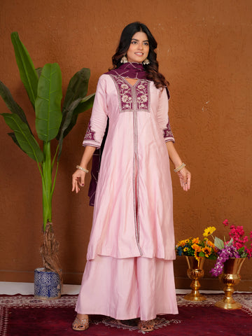Lorenvalley Fashion Pink Roman Silk Multi Embroidery Thread With Beautiful Hand Work Kurta Palazzo Dupatta - Dista