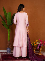 Thumbnail for Lorenvalley Fashion Pink Roman Silk Multi Embroidery Thread With Beautiful Hand Work Kurta Palazzo Dupatta - Dista