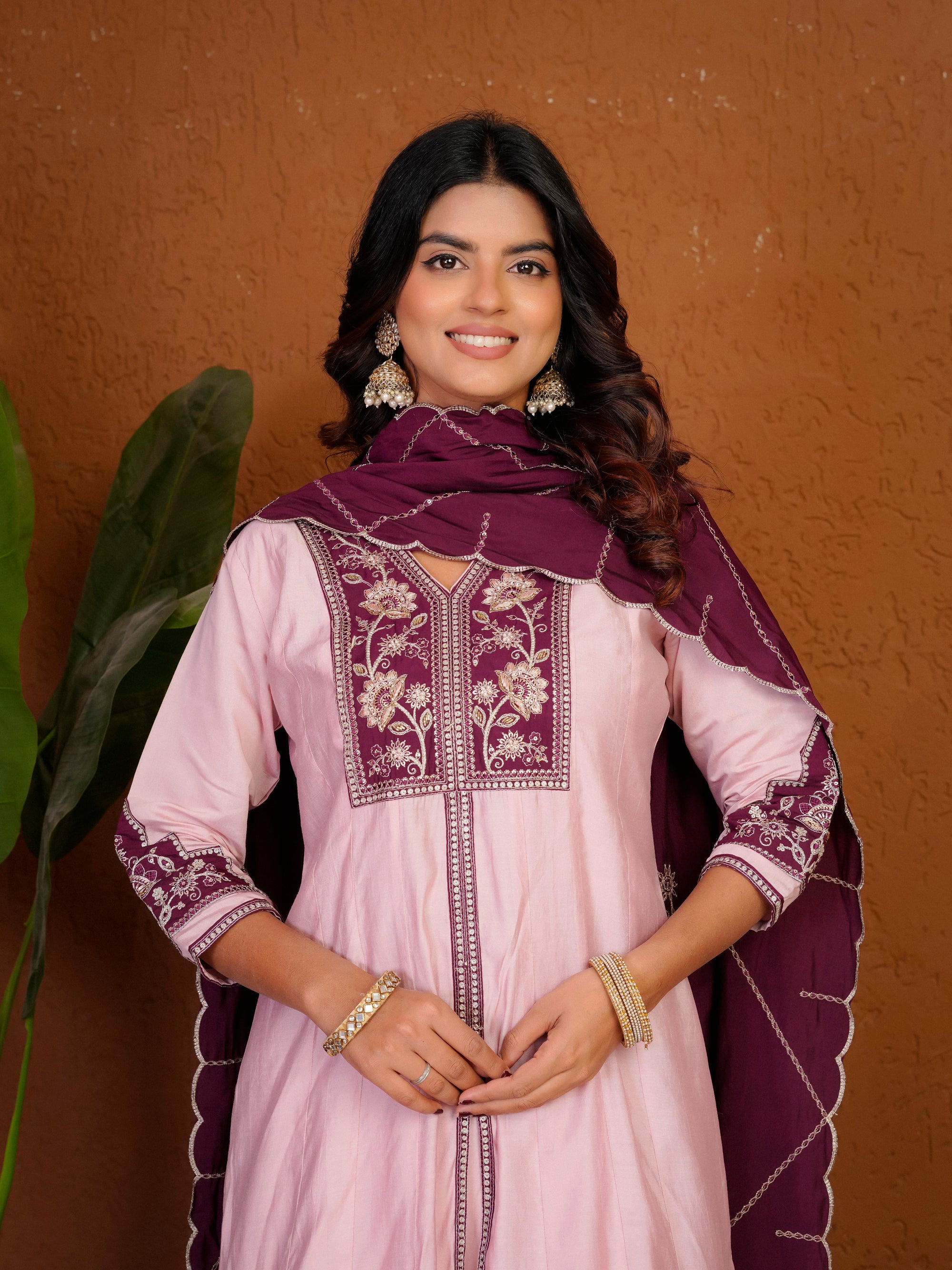 Lorenvalley Fashion Pink Roman Silk Multi Embroidery Thread With Beautiful Hand Work Kurta Palazzo Dupatta - Dista