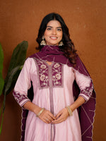 Thumbnail for Lorenvalley Fashion Pink Roman Silk Multi Embroidery Thread With Beautiful Hand Work Kurta Palazzo Dupatta - Dista