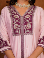Thumbnail for Lorenvalley Fashion Pink Roman Silk Multi Embroidery Thread With Beautiful Hand Work Kurta Palazzo Dupatta - Dista