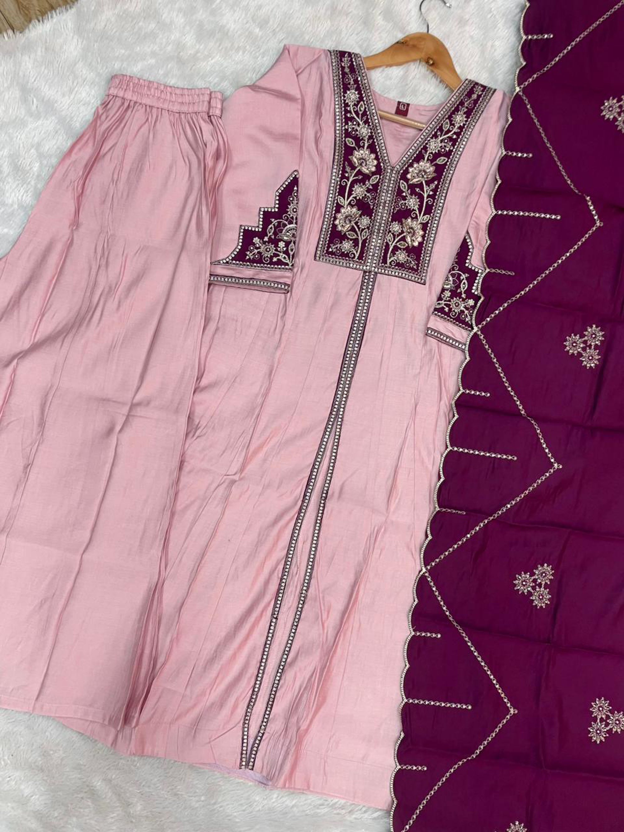 Lorenvalley Fashion Pink Roman Silk Multi Embroidery Thread With Beautiful Hand Work Kurta Palazzo Dupatta - Dista
