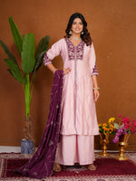 Thumbnail for Lorenvalley Fashion Pink Roman Silk Multi Embroidery Thread With Beautiful Hand Work Kurta Palazzo Dupatta - Dista