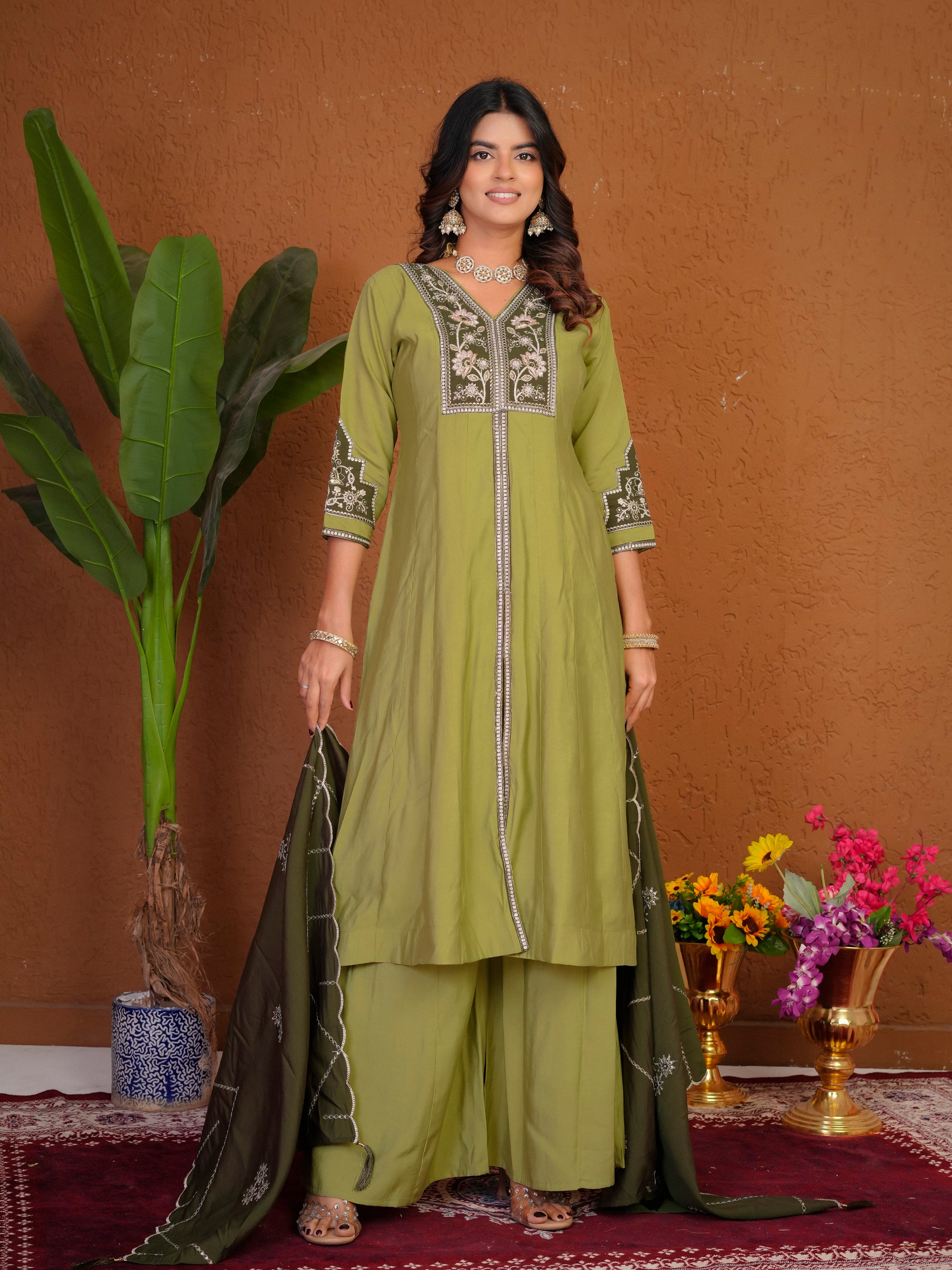 Lorenvalley Fashion Pista Roman Silk Multi Embroidery Thread With Beautiful Hand Work Kurta Palazzo Dupatta - Dista
