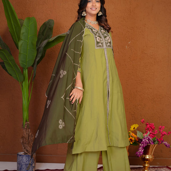 Lorenvalley Fashion Pista Roman Silk Multi Embroidery Thread With Beautiful Hand Work Kurta Palazzo Dupatta - Dista