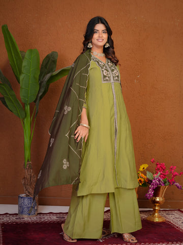 Lorenvalley Fashion Pista Roman Silk Multi Embroidery Thread With Beautiful Hand Work Kurta Palazzo Dupatta - Dista