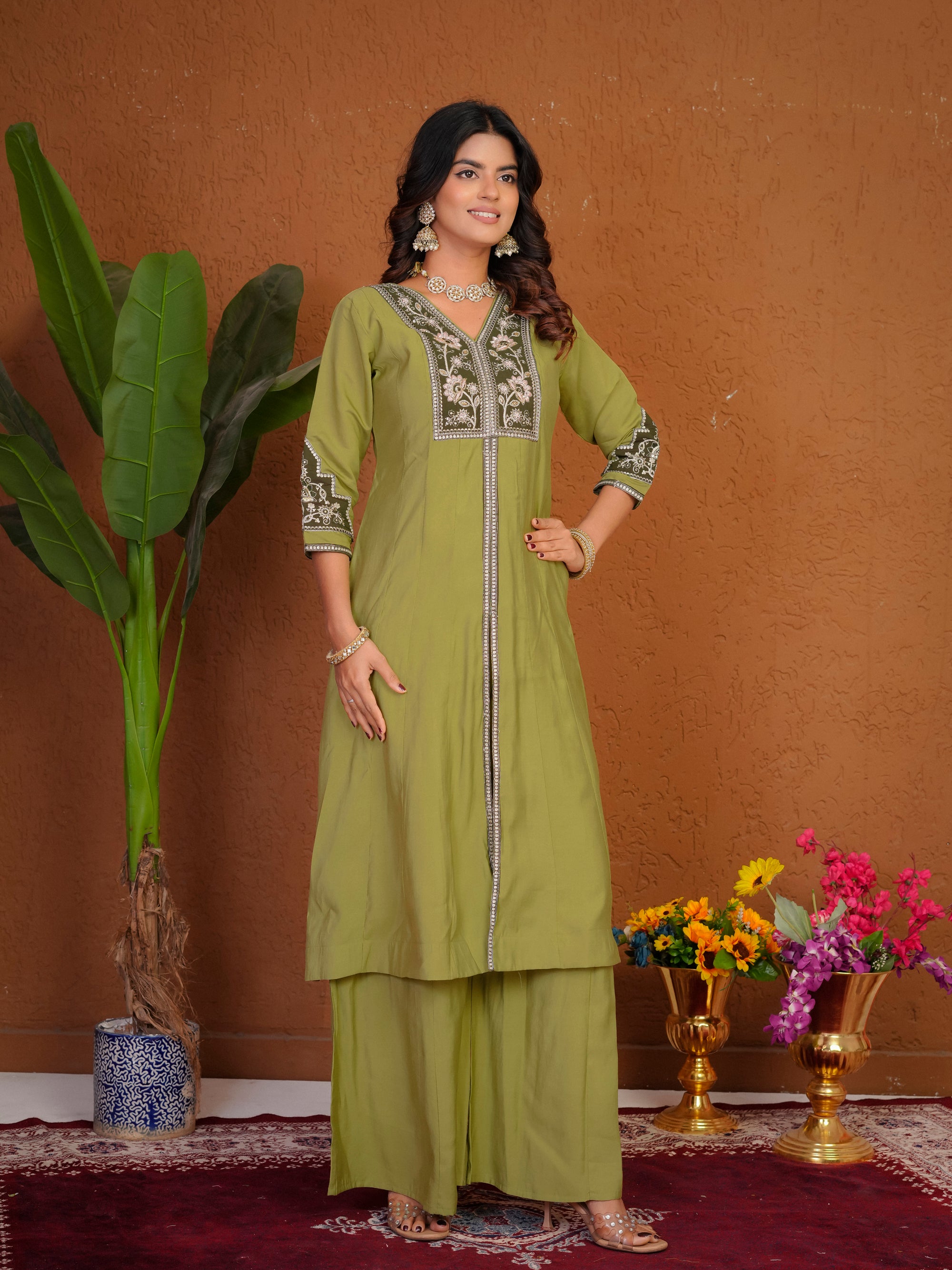 Lorenvalley Fashion Pista Roman Silk Multi Embroidery Thread With Beautiful Hand Work Kurta Palazzo Dupatta - Dista