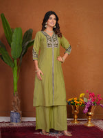 Thumbnail for Lorenvalley Fashion Pista Roman Silk Multi Embroidery Thread With Beautiful Hand Work Kurta Palazzo Dupatta - Dista