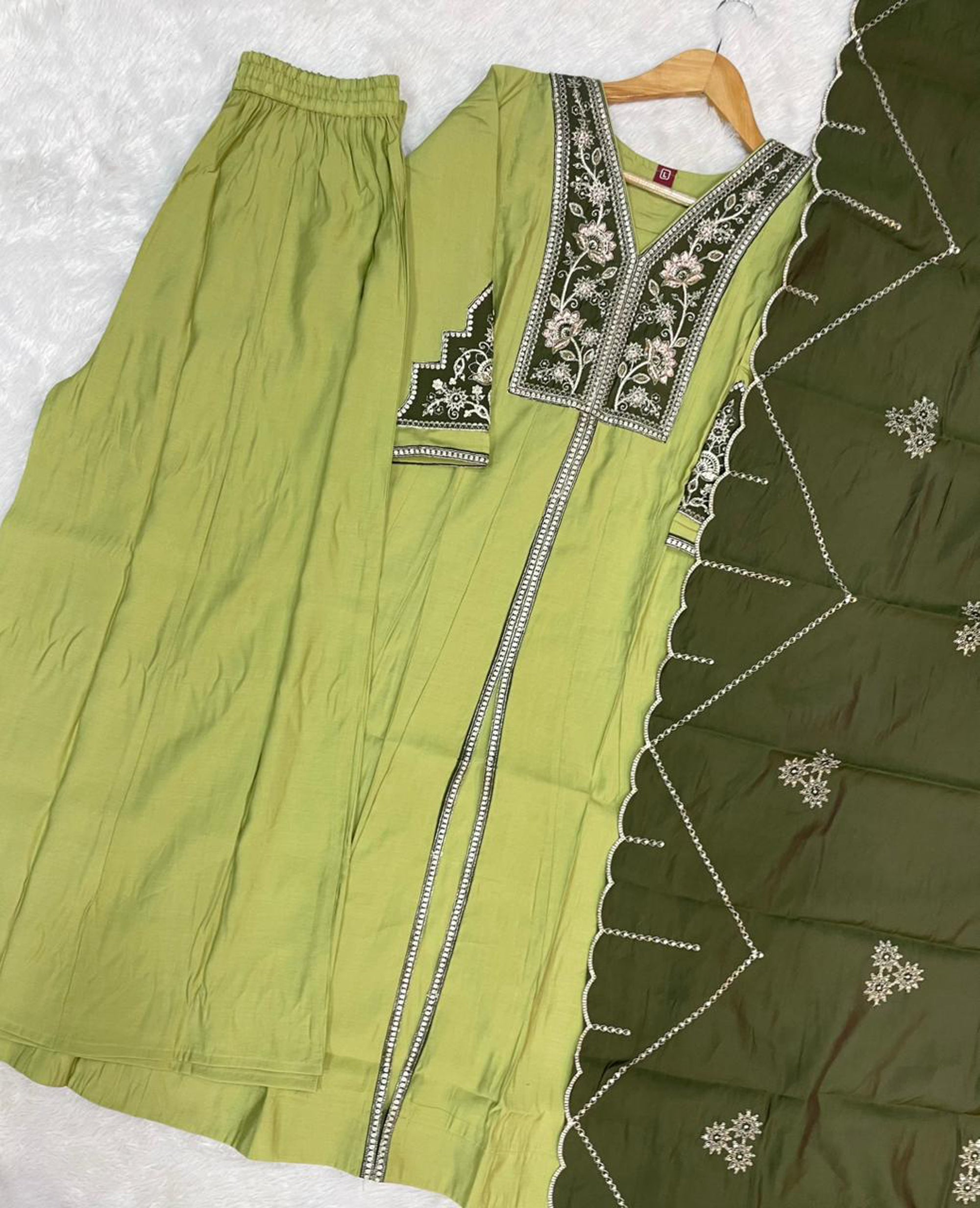 Lorenvalley Fashion Pista Roman Silk Multi Embroidery Thread With Beautiful Hand Work Kurta Palazzo Dupatta - Dista