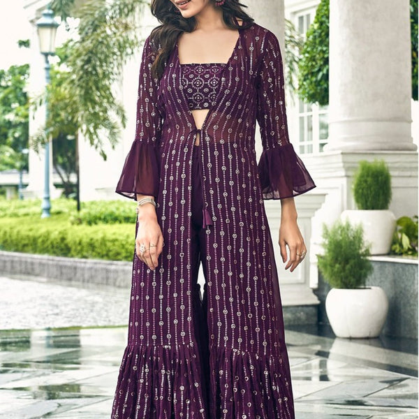 Anaita Purple Georgette Stitched Shrug Suit With Sequence Thread Work - Distacart