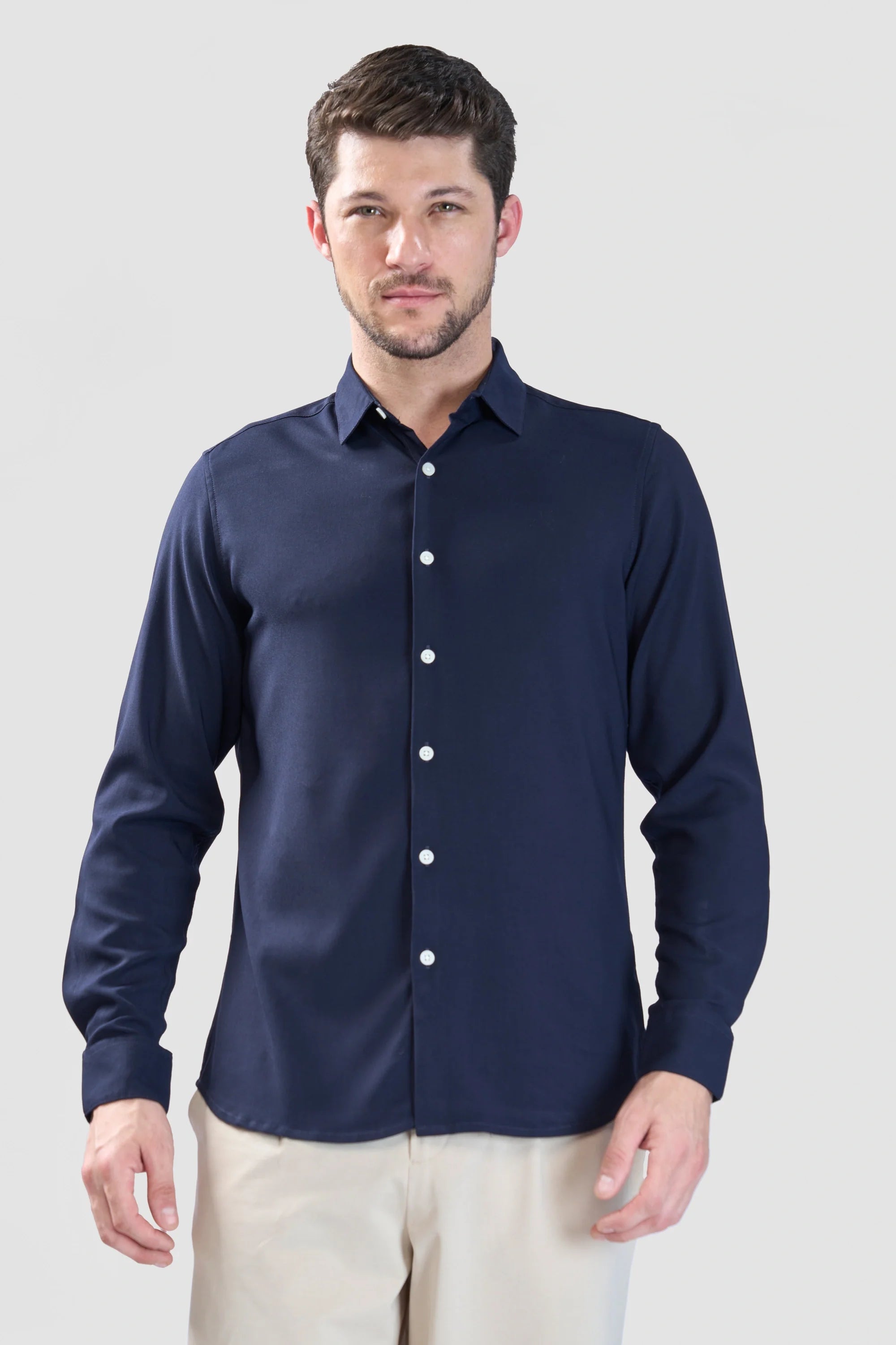 Xkind Navy Blue Plain Slim Fit Shirt