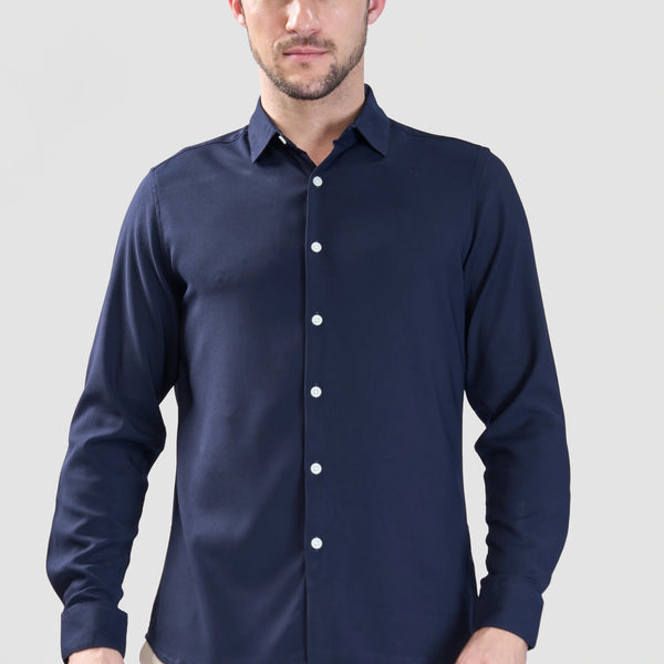 Xkind Navy Blue Plain Slim Fit Shirt