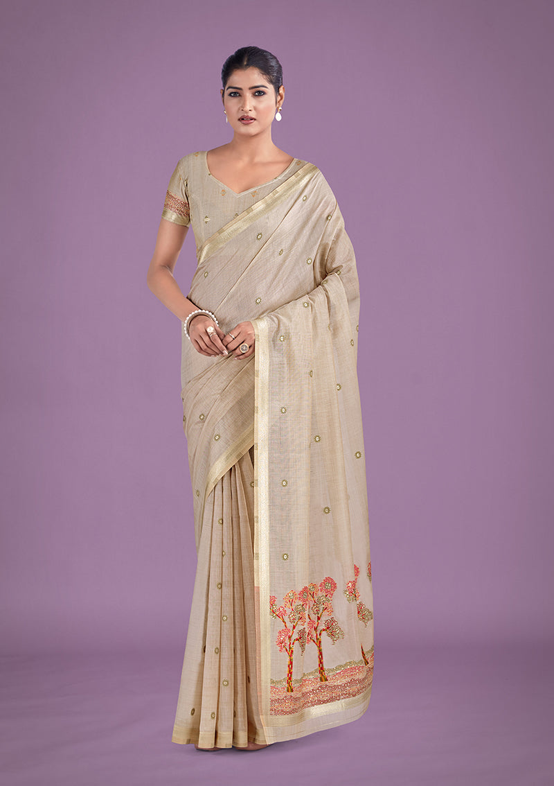 Monjolika Fashion Imaginative Beige & Red Woven Butti Pattern Cotton Silk Saree