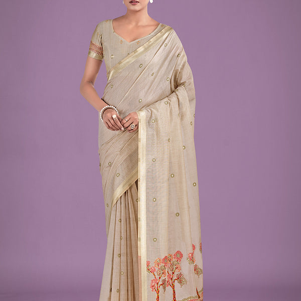 Monjolika Fashion Imaginative Beige & Red Woven Butti Pattern Cotton Silk Saree
