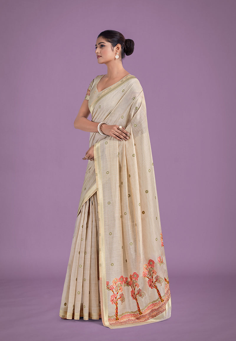 Monjolika Fashion Imaginative Beige & Red Woven Butti Pattern Cotton Silk Saree