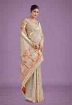 Thumbnail for Monjolika Fashion Imaginative Beige & Red Woven Butti Pattern Cotton Silk Saree