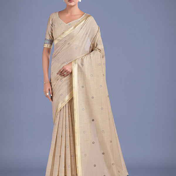 Monjolika Fashion Imaginative Beige & Blue Woven Butti Pattern Cotton Silk Saree