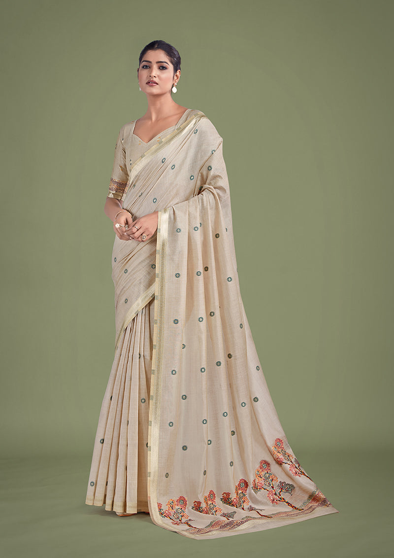 Monjolika Fashion Imaginative Beige & Maroon Woven Butti Pattern Cotton Silk Saree