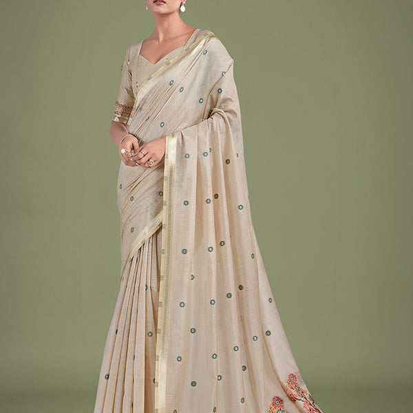 Monjolika Fashion Imaginative Beige & Maroon Woven Butti Pattern Cotton Silk Saree