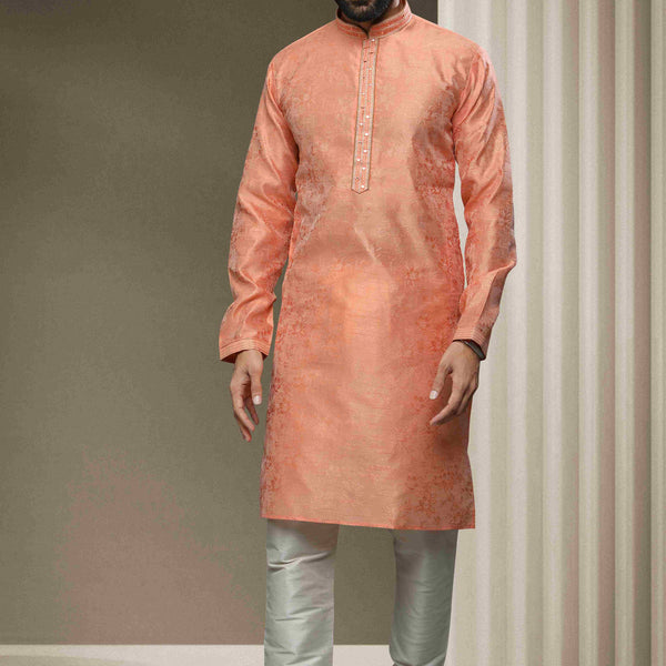 Raivat Ethnic Jacquard Silk Brocade Mirror Work Kurta Pajama In Peach Colour - Distacart