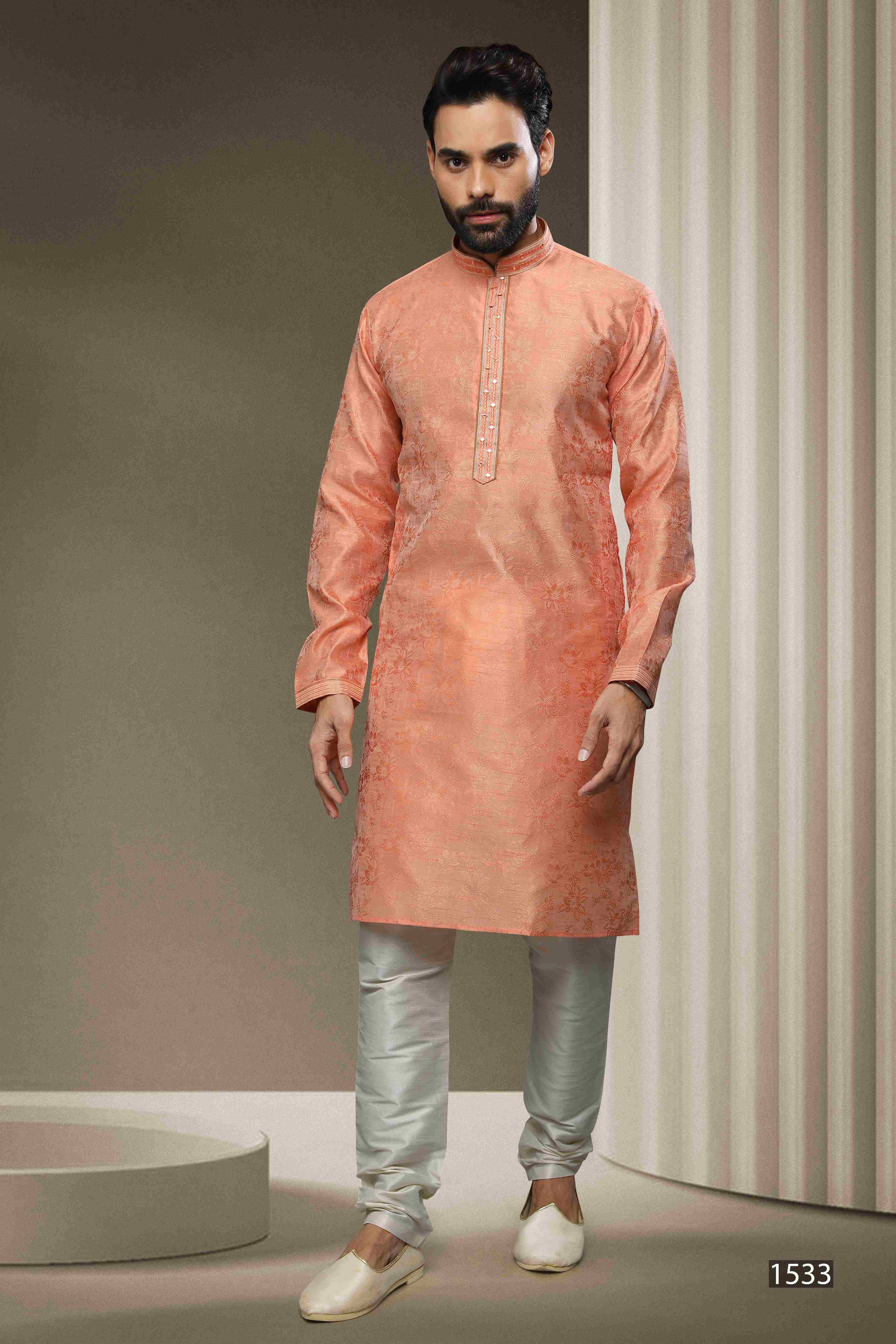 Raivat Ethnic Jacquard Silk Brocade Mirror Work Kurta Pajama In Peach Colour - Distacart