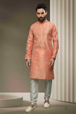 Thumbnail for Raivat Ethnic Jacquard Silk Brocade Mirror Work Kurta Pajama In Peach Colour - Distacart