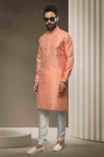 Thumbnail for Raivat Ethnic Jacquard Silk Brocade Mirror Work Kurta Pajama In Peach Colour - Distacart