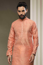 Thumbnail for Raivat Ethnic Jacquard Silk Brocade Mirror Work Kurta Pajama In Peach Colour - Distacart