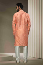 Thumbnail for Raivat Ethnic Jacquard Silk Brocade Mirror Work Kurta Pajama In Peach Colour - Distacart