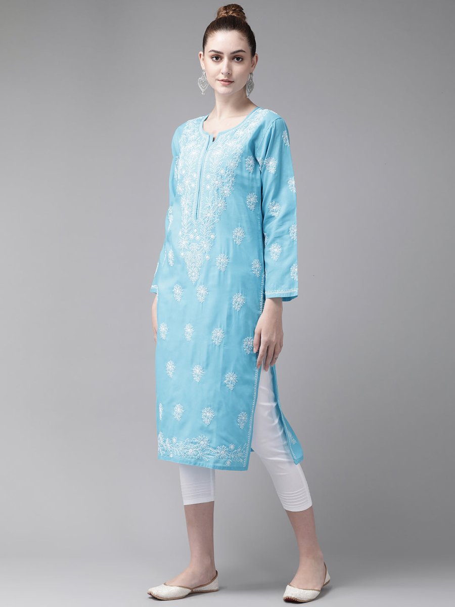 ADA Women Blue & White Pure Cotton Chikankari Embroidered Kurta with Trousers - Distacart