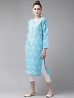 Thumbnail for ADA Women Blue & White Pure Cotton Chikankari Embroidered Kurta with Trousers - Distacart