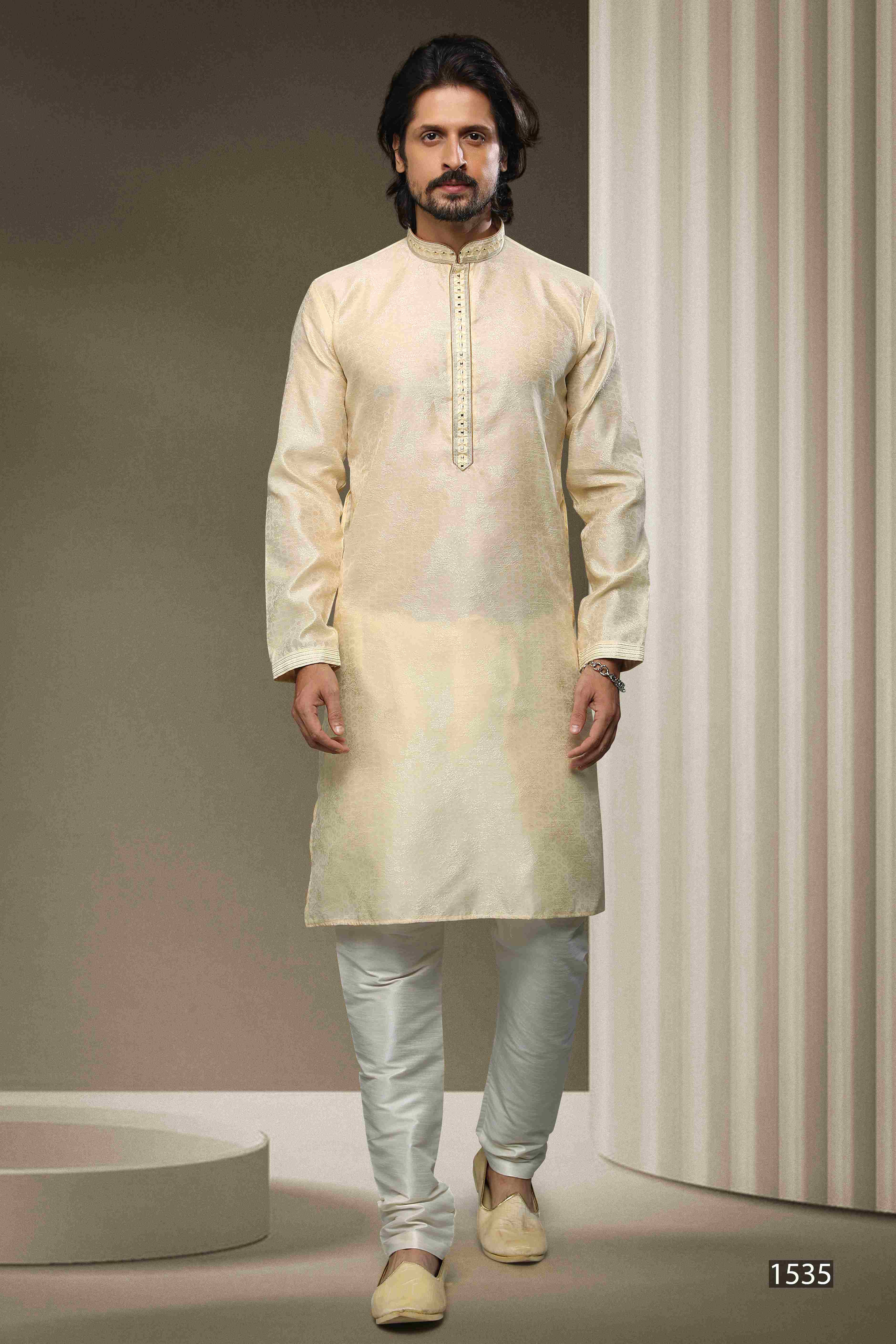 Raivat Ethnic Jacquard Silk Brocade Mirror Work Kurta Pajama In Cream Colour - Distacart