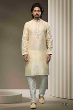 Thumbnail for Raivat Ethnic Jacquard Silk Brocade Mirror Work Kurta Pajama In Cream Colour - Distacart