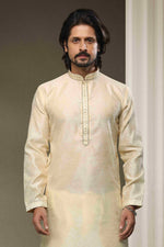 Thumbnail for Raivat Ethnic Jacquard Silk Brocade Mirror Work Kurta Pajama In Cream Colour - Distacart