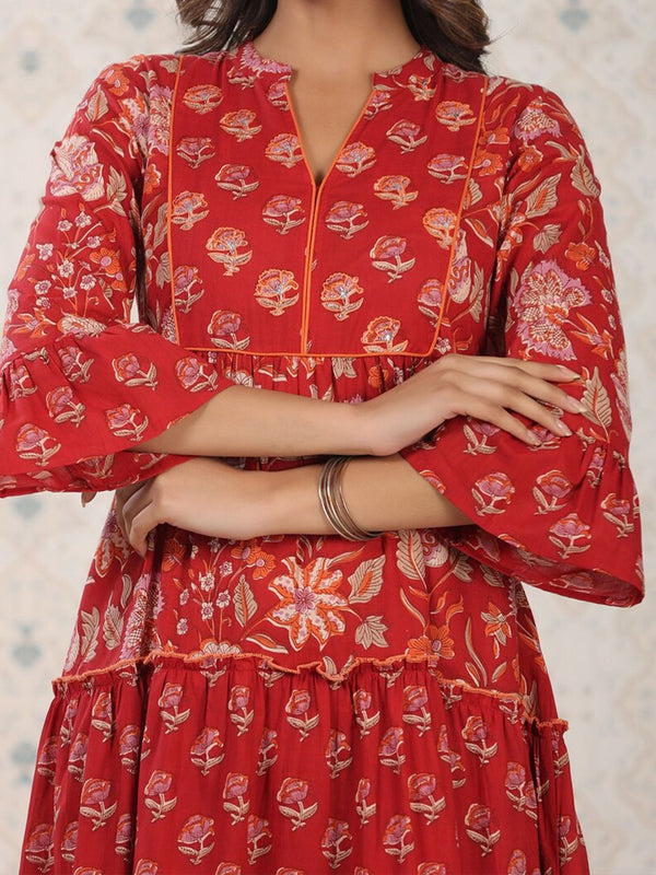 Ode by House of Pataudi Ethnic Motifs Printed Cotton Tiering Kurta - Distacart