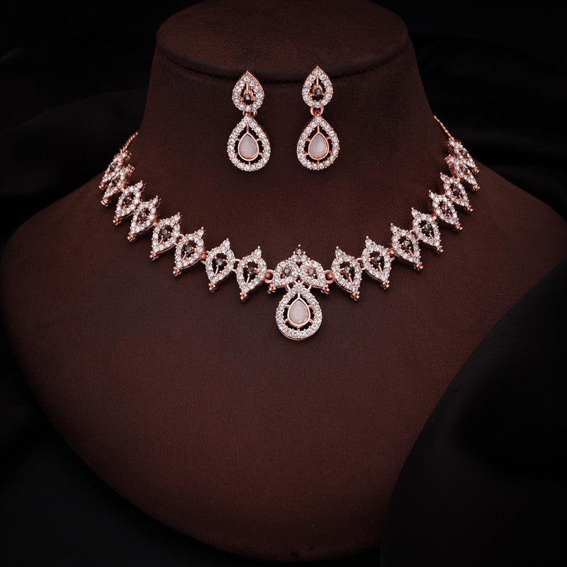Tehzeeb Creations Shimmering Rose Gold Polished Ad Studded Necklace Jewellery Set With Matching Earrings For Women And Girls - Distacart
