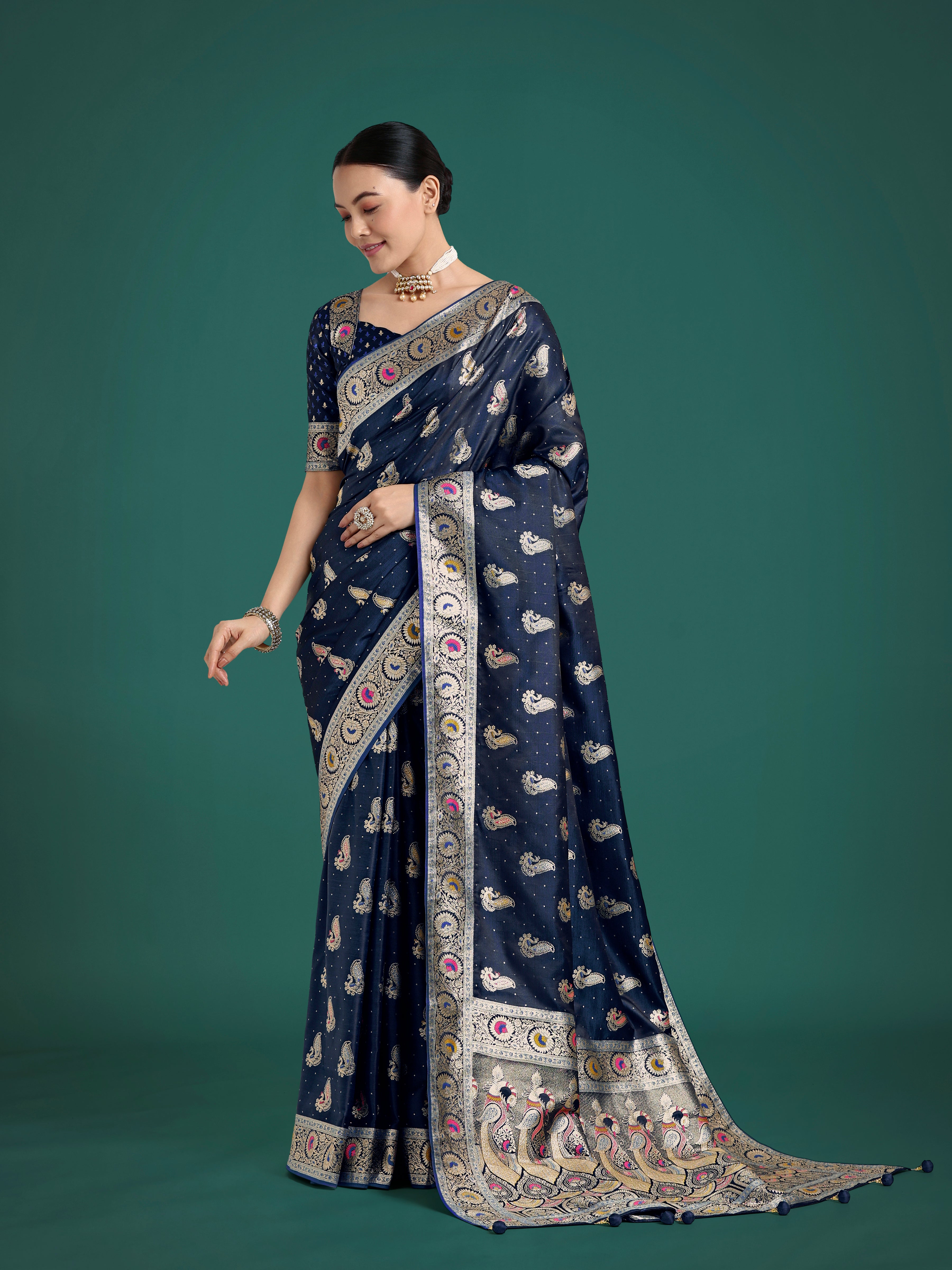 Monjolika Fashion Blue Color Festival Wear Banarasi Satin Silk Designer Zari Weaving Saree
