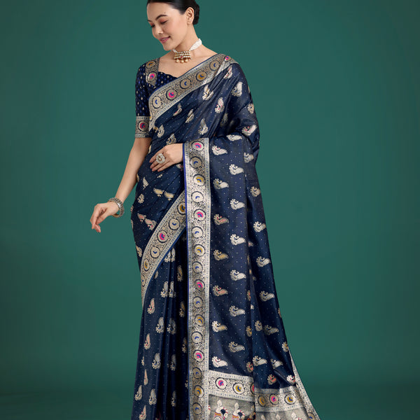 Monjolika Fashion Blue Color Festival Wear Banarasi Satin Silk Designer Zari Weaving Saree - Distacart