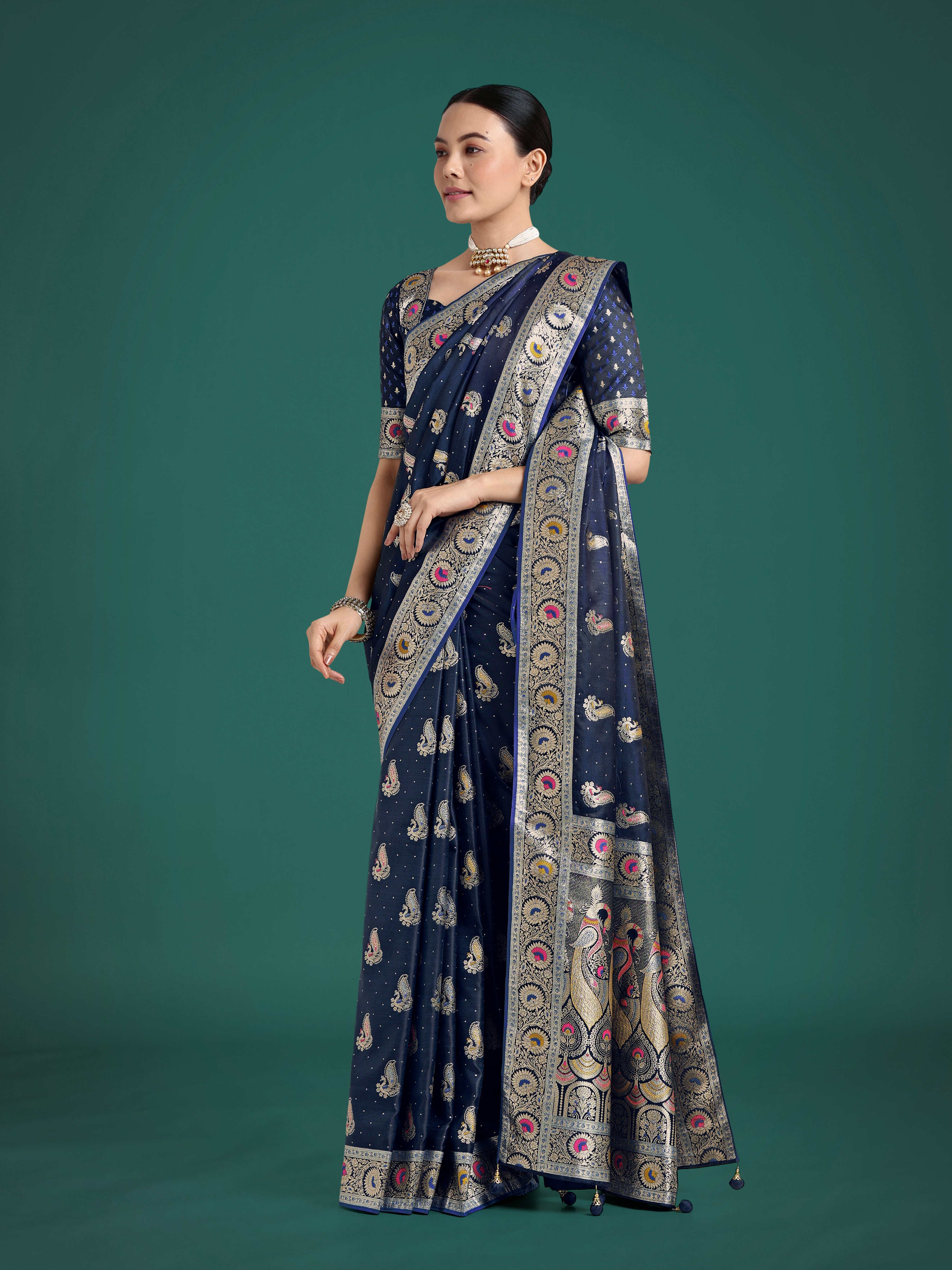 Monjolika Fashion Blue Color Festival Wear Banarasi Satin Silk Designer Zari Weaving Saree