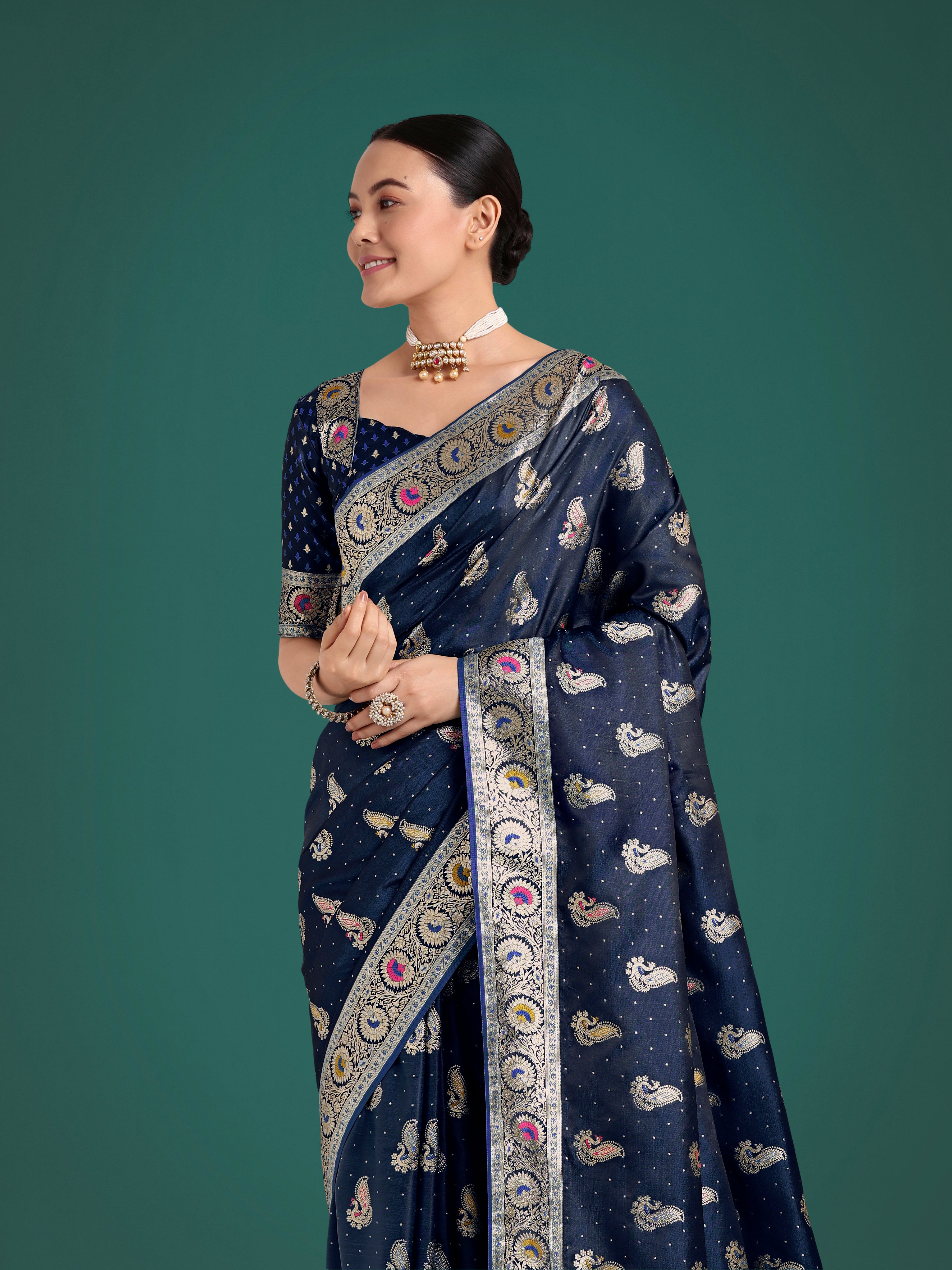 Monjolika Fashion Blue Color Festival Wear Banarasi Satin Silk Designer Zari Weaving Saree