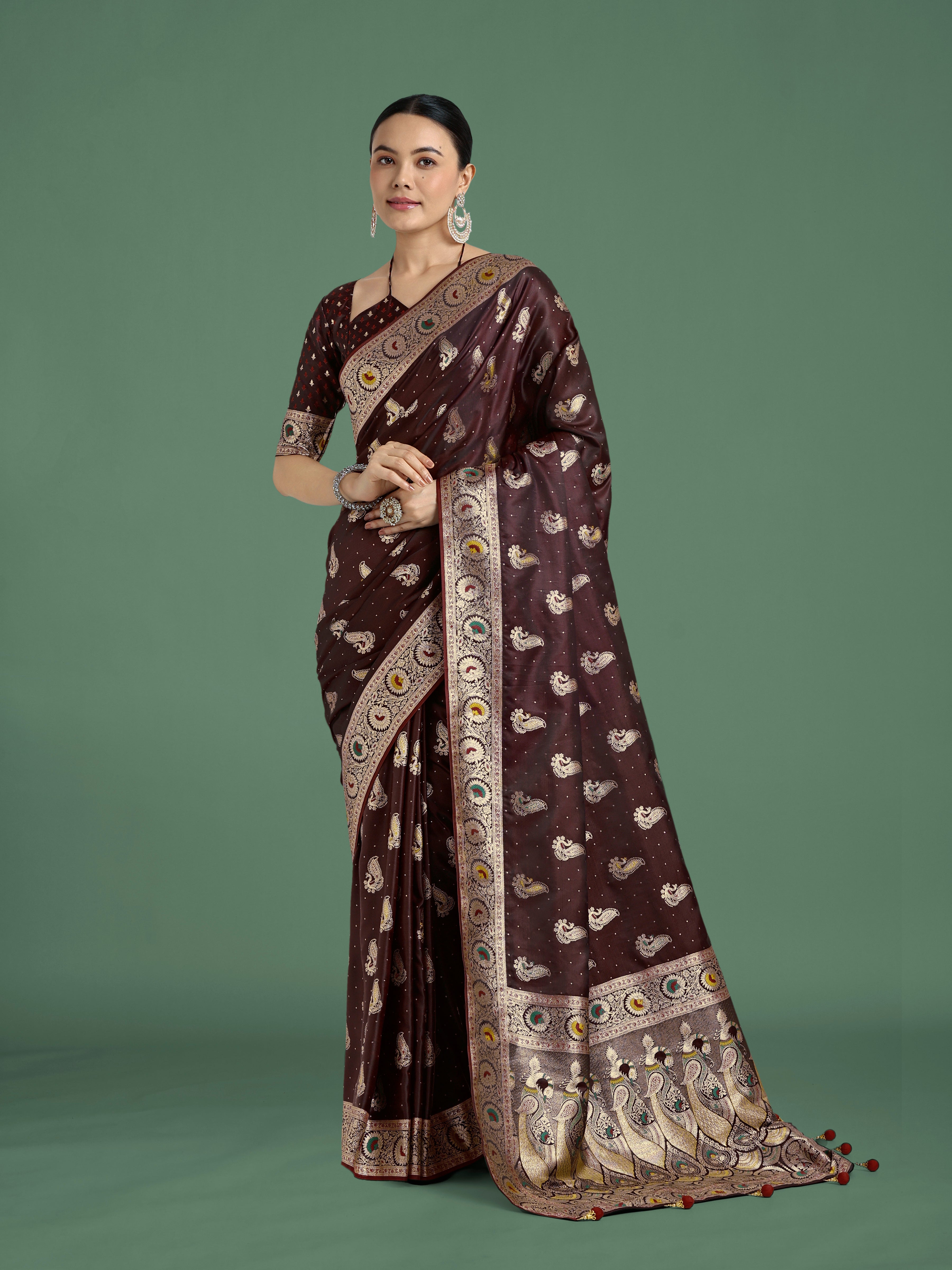 Monjolika Fashion Maroon Color Festival Wear Banarasi Satin Silk Designer Zari Weaving Saree