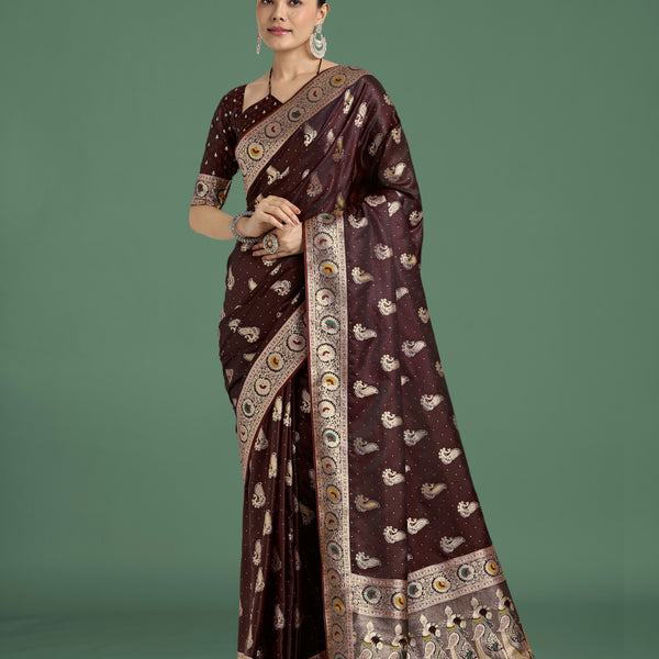 Monjolika Fashion Maroon Color Festival Wear Banarasi Satin Silk Designer Zari Weaving Saree - Distacart