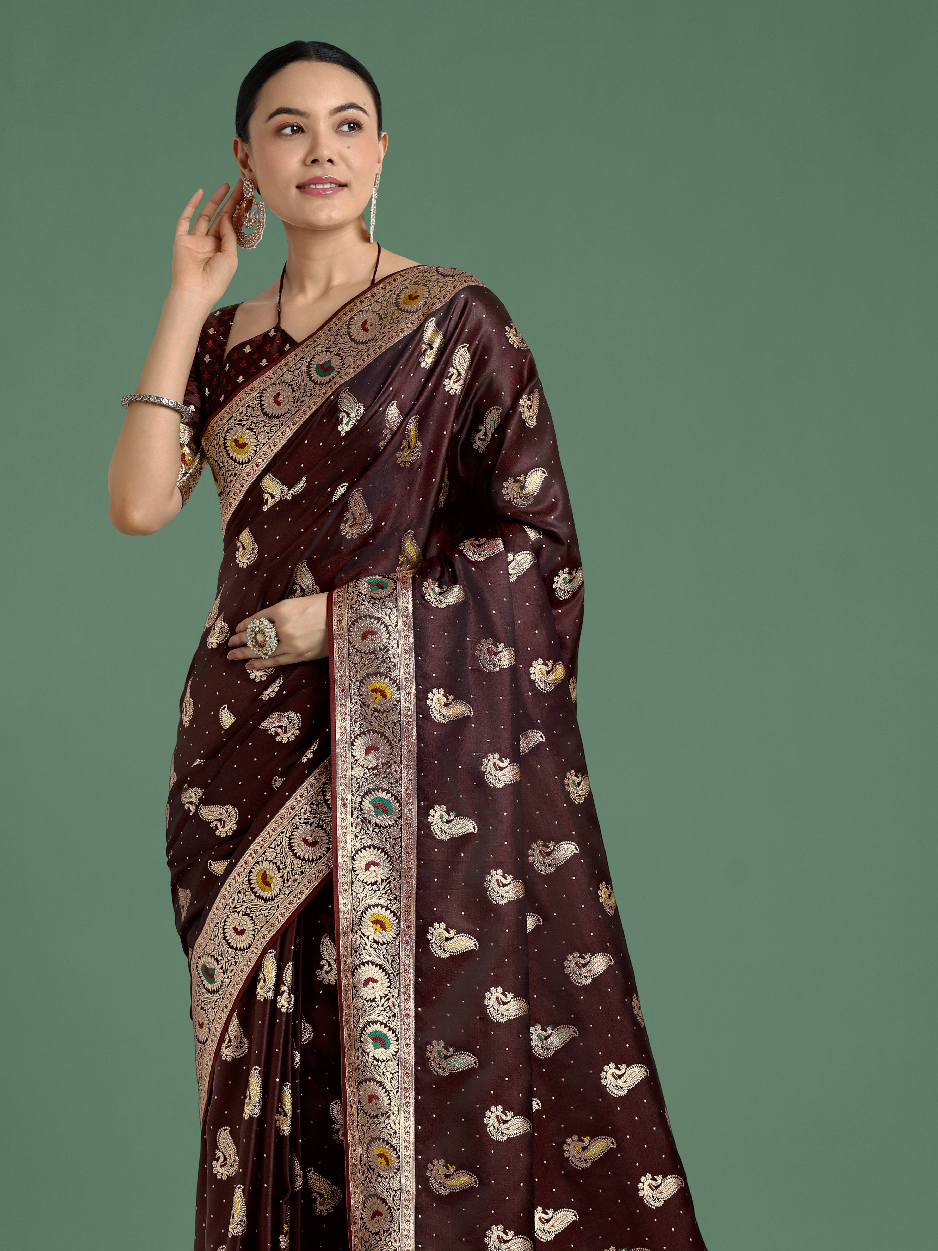 Monjolika Fashion Maroon Color Festival Wear Banarasi Satin Silk Designer Zari Weaving Saree