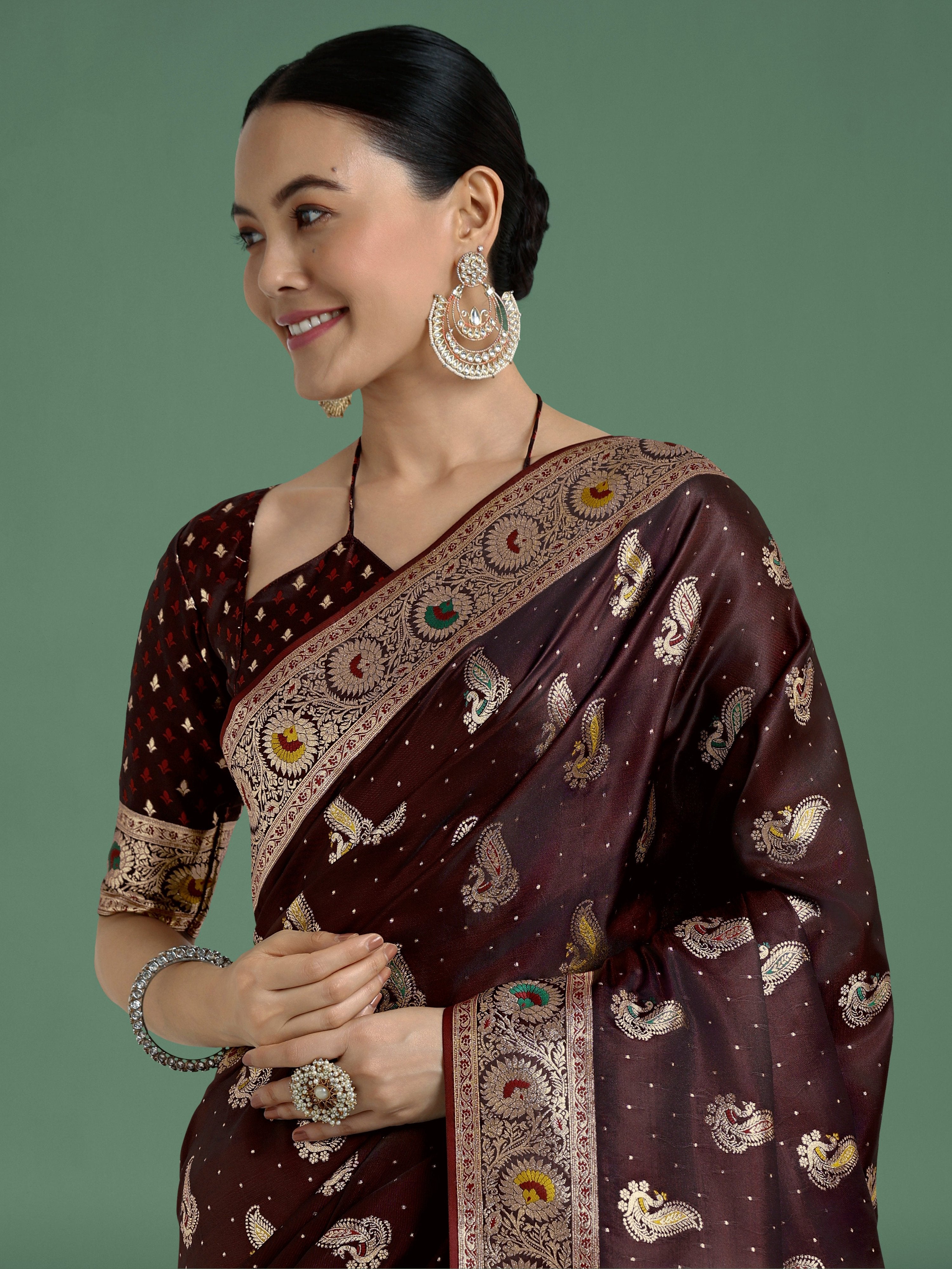 Monjolika Fashion Maroon Color Festival Wear Banarasi Satin Silk Designer Zari Weaving Saree