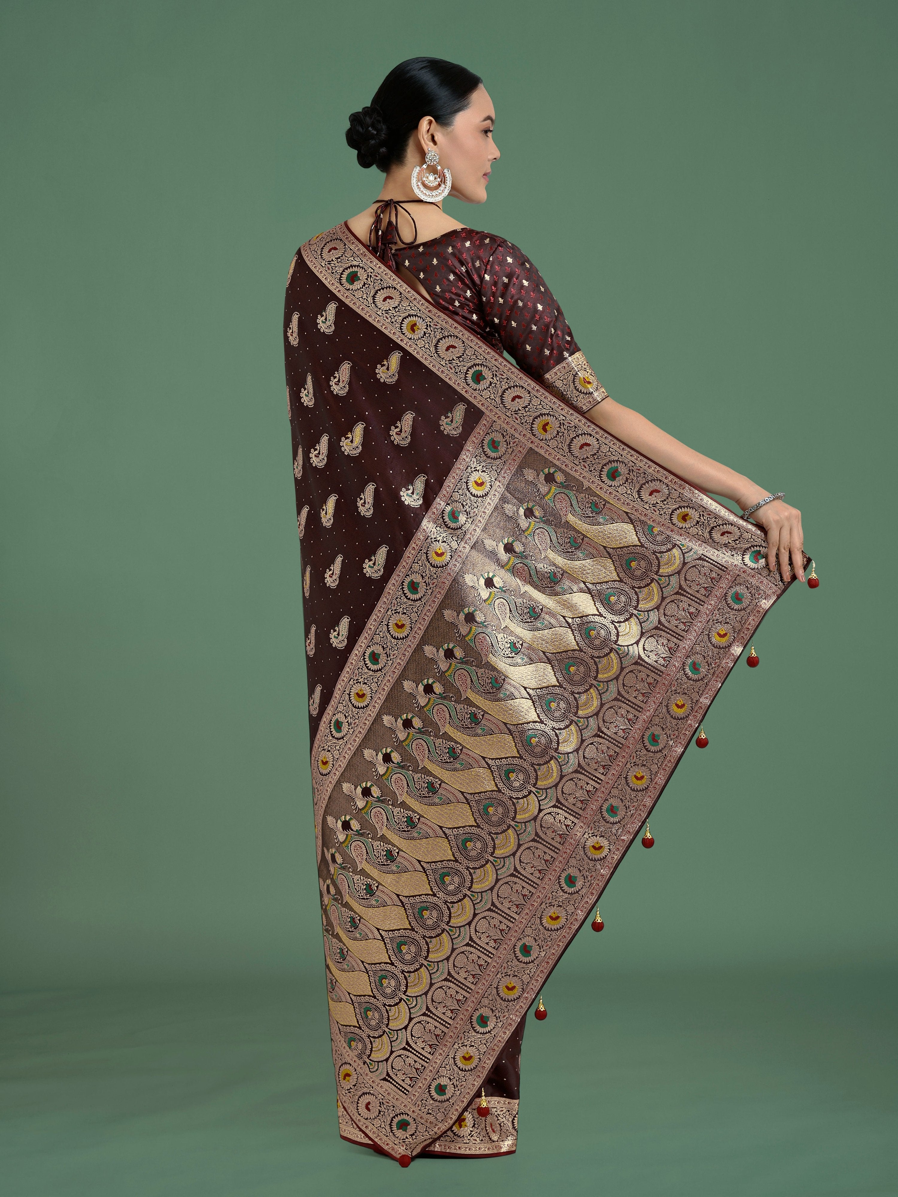 Monjolika Fashion Maroon Color Festival Wear Banarasi Satin Silk Designer Zari Weaving Saree