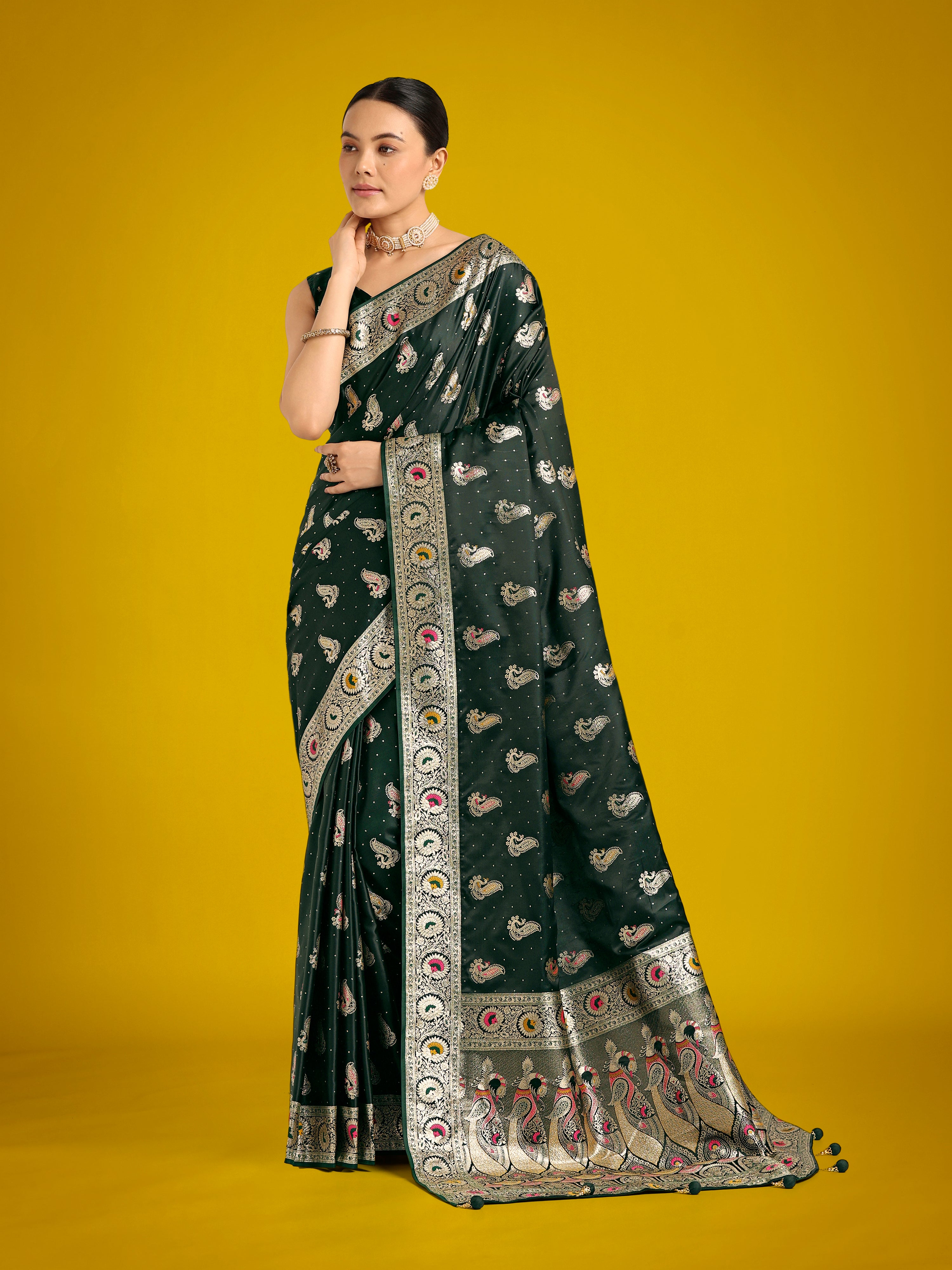 Monjolika Fashion Dark Green Color Festival Wear Banarasi Satin Silk Designer Zari Weaving Saree