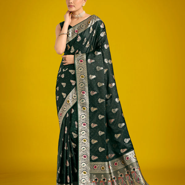 Monjolika Fashion Dark Green Color Festival Wear Banarasi Satin Silk Designer Zari Weaving Saree - Distacart