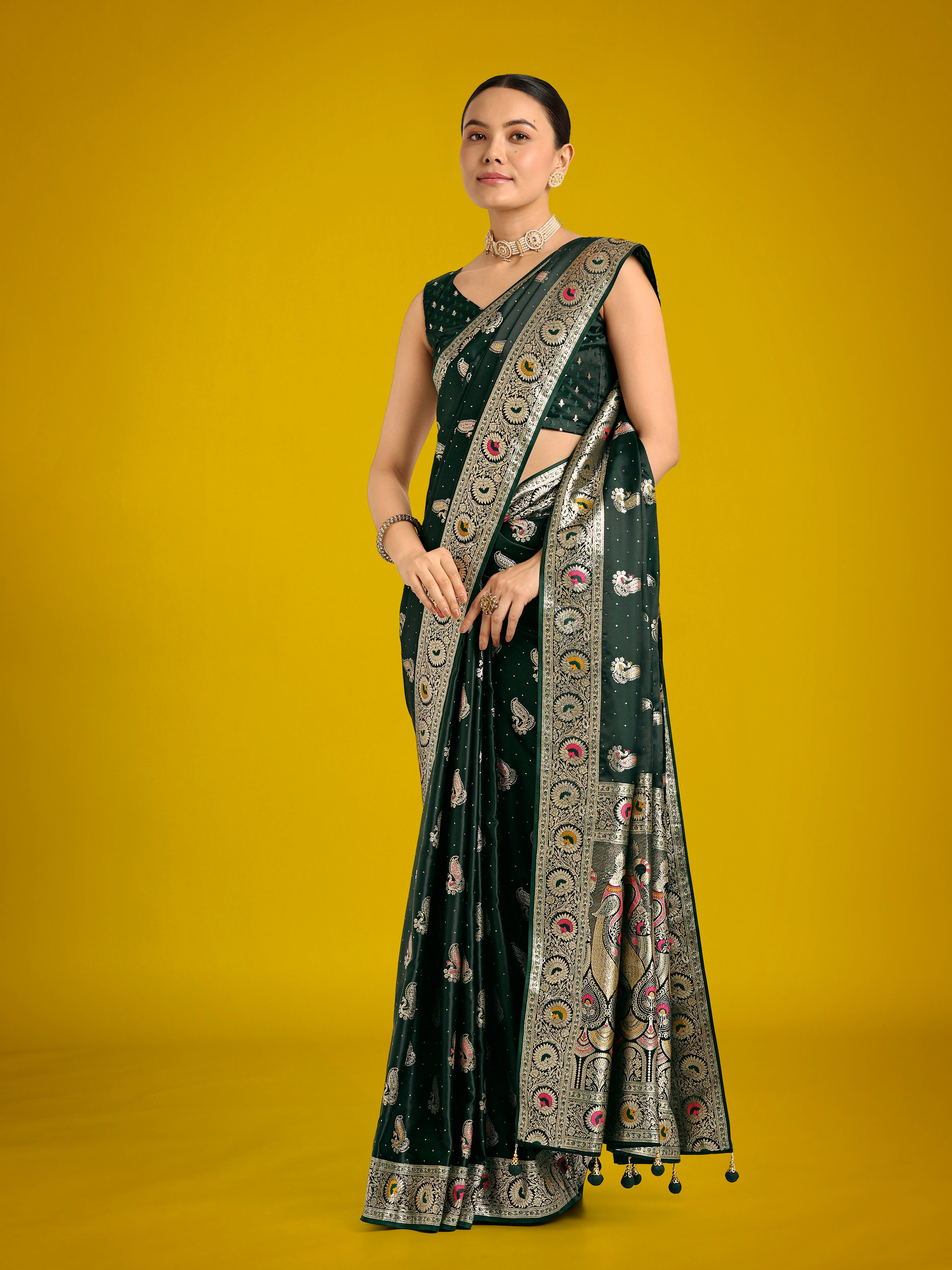 Monjolika Fashion Dark Green Color Festival Wear Banarasi Satin Silk Designer Zari Weaving Saree