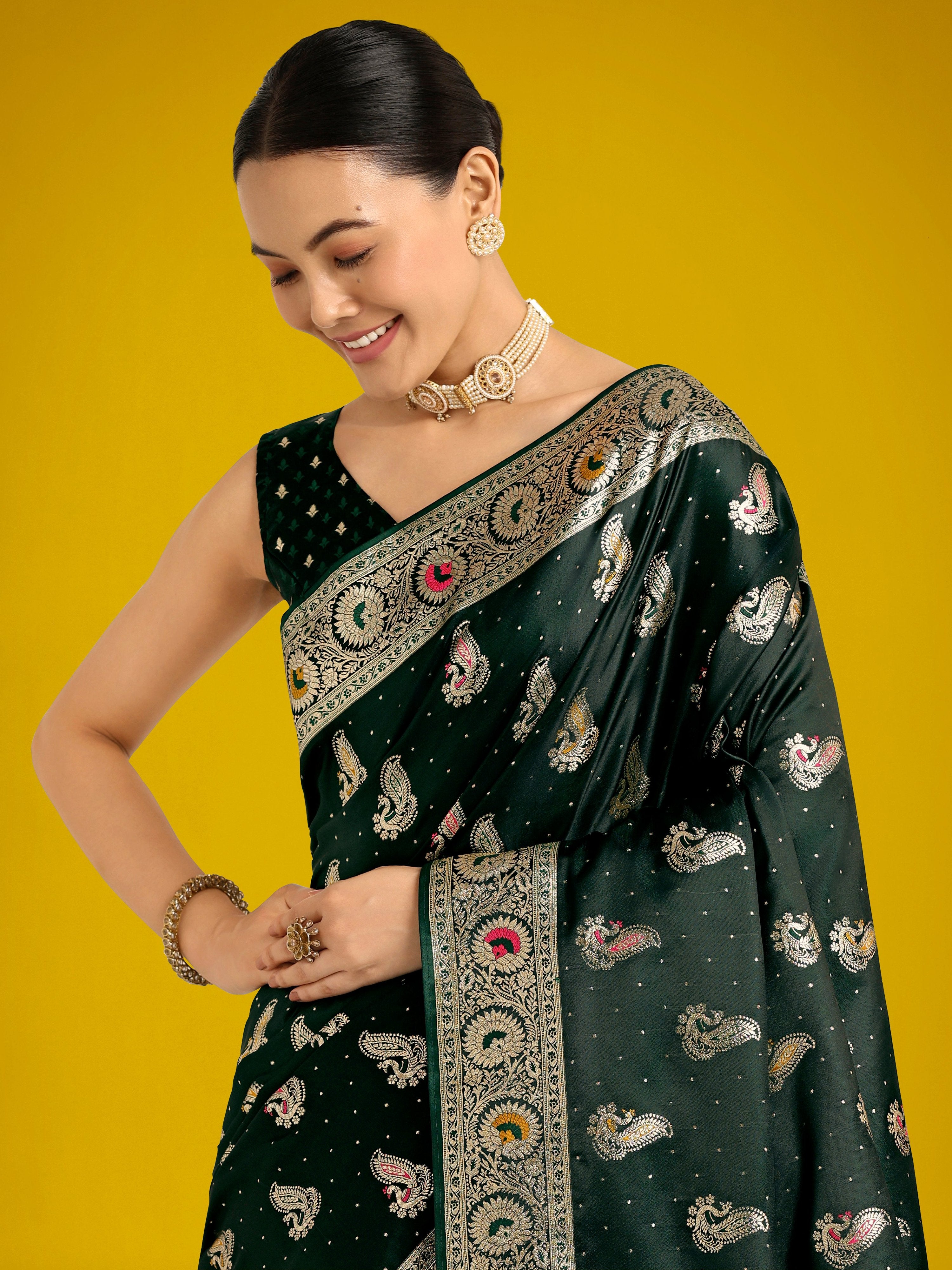 Monjolika Fashion Dark Green Color Festival Wear Banarasi Satin Silk Designer Zari Weaving Saree