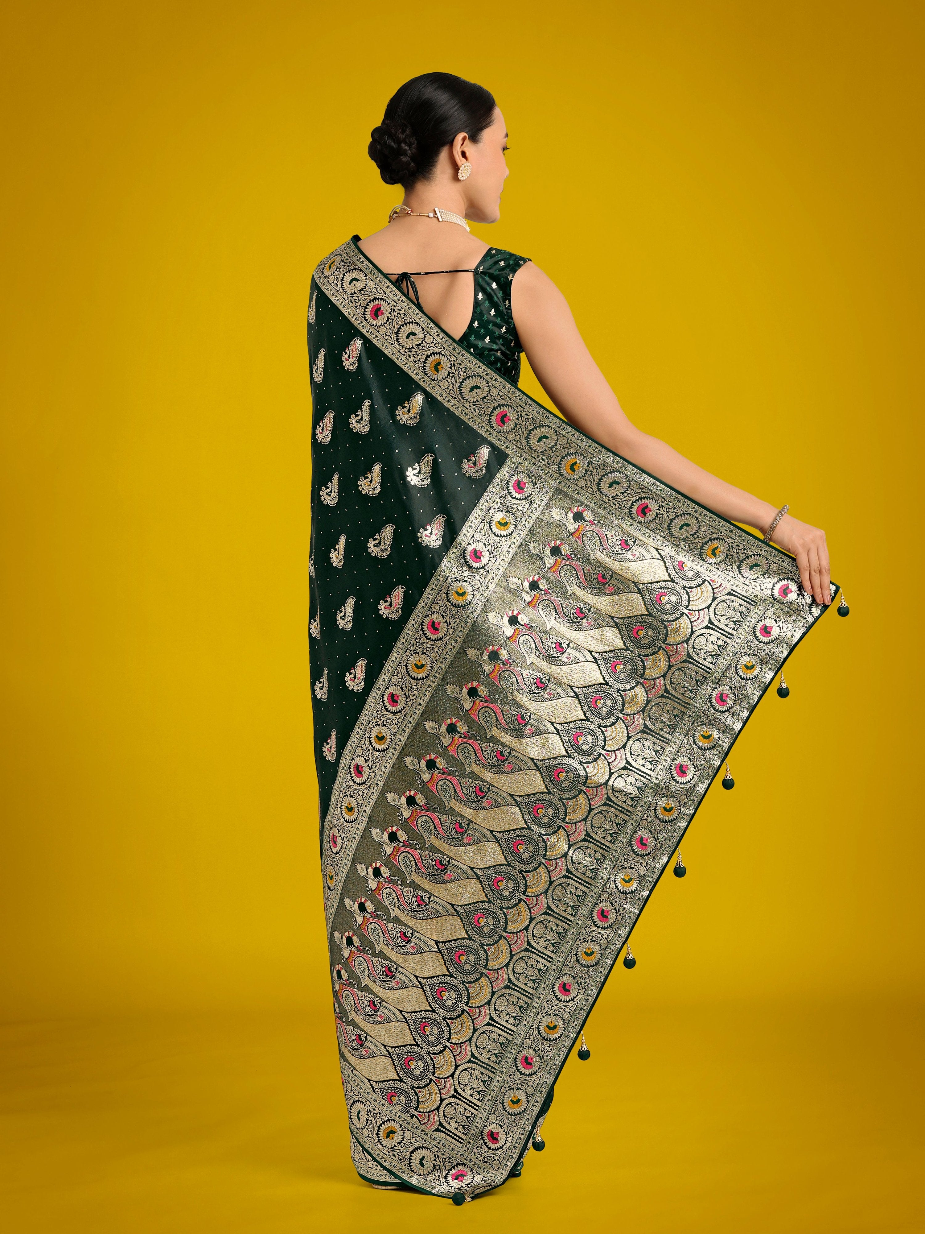 Monjolika Fashion Dark Green Color Festival Wear Banarasi Satin Silk Designer Zari Weaving Saree